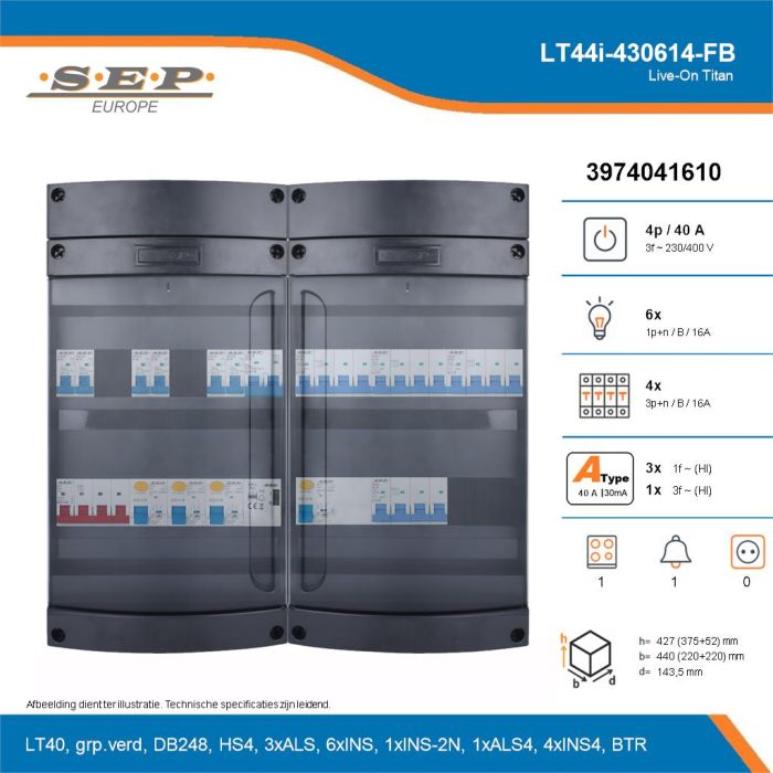 SEP Live-On Titan, LT44i-430614-FB, 40A, 3-fase groepenkast, 6-lichtgroepen, 4-krachtgroepen, 1-fornuisgroep, 1-beltrafo, technische details
