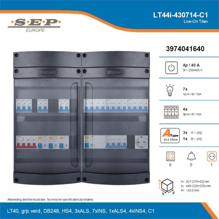 SEP Live-On Titan, LT44i-430714-C1, 40A, 3-fase groepenkast, 7-lichtgroepen, 4-krachtgroepen,  1V-contactdoos, technische details