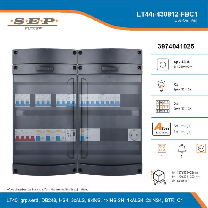 SEP Live-On Titan, LT44i-430812-FBC1, 40A, 3-fase groepenkast, 8-lichtgroepen, 2-krachtgroepen, 1-fornuisgroep, 1-beltrafo,  1V-contactdoos, technische details