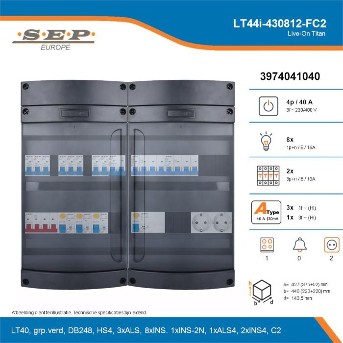 SEP Live-On Titan, LT44i-430812-FC2, 40A, 3-fase groepenkast, 8-lichtgroepen, 2-krachtgroepen, 1-fornuisgroep,  2V-contactdoos, technische details
