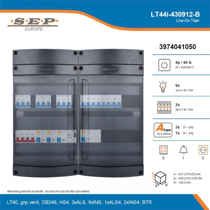 SEP Live-On Titan, LT44i-430912-B, 40A, 3-fase groepenkast, 9-lichtgroepen, 2-krachtgroepen, 1-beltrafo, technische details