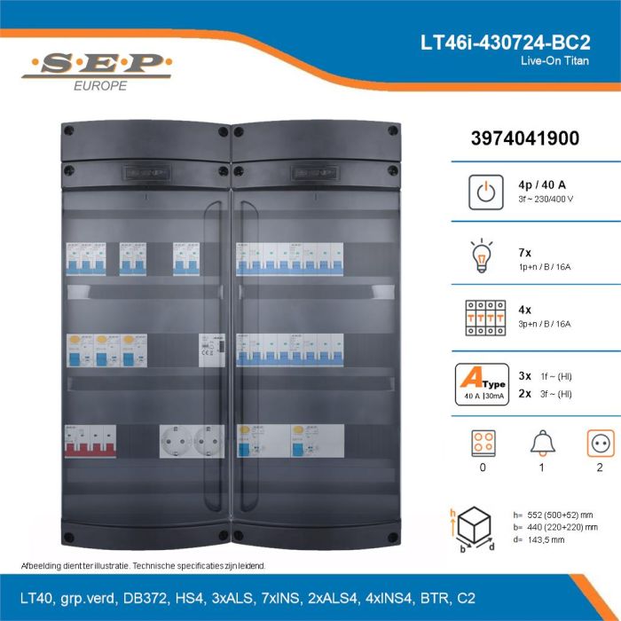 SEP Live-On Titan, LT46i-430724-BC2, 40A, 3-fase groepenkast, 7-lichtgroepen, 4-krachtgroepen, 1-beltrafo,  2V-contactdoos, technische details