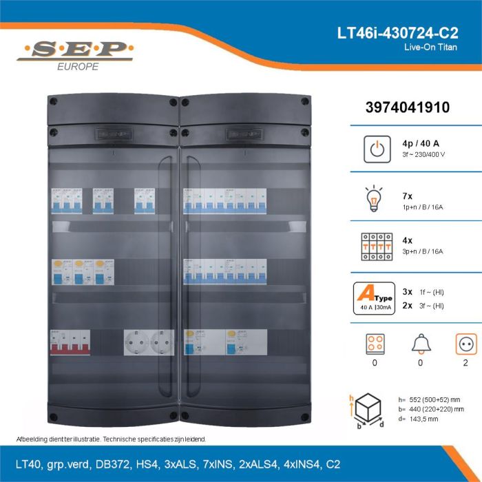 SEP Live-On Titan, LT46i-430724-C2, 40A, 3-fase groepenkast, 7-lichtgroepen, 4-krachtgroepen,  2V-contactdoos, technische details