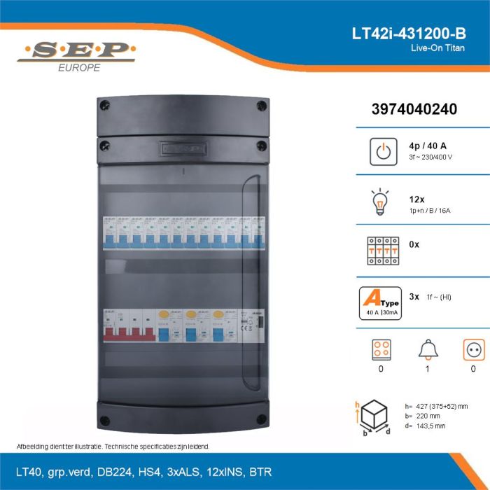 SEP Live-On Titan, LT42i-431200-B, 40A, 3-fase groepenkast, 12-lichtgroepen, 1-beltrafo, technische details