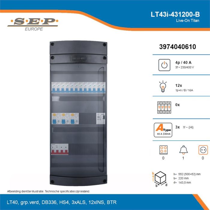 SEP Live-On Titan, LT43i-431200-B, 40A, 3-fase groepenkast, 12-lichtgroepen, 1-beltrafo, technische details