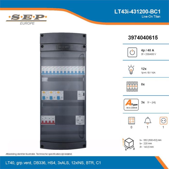 SEP Live-On Titan, LT43i-431200-BC1, 40A, 3-fase groepenkast, 12-lichtgroepen, 1-beltrafo,  1V-contactdoos, technische details