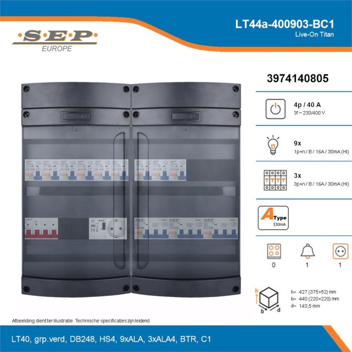 SEP Live-On Titan, LT44a-400903-BC1, 40A, 3-fase groepenkast, 9-lichtgroepen, 3-krachtgroepen, 1-beltrafo,  1V-contactdoos, technische details