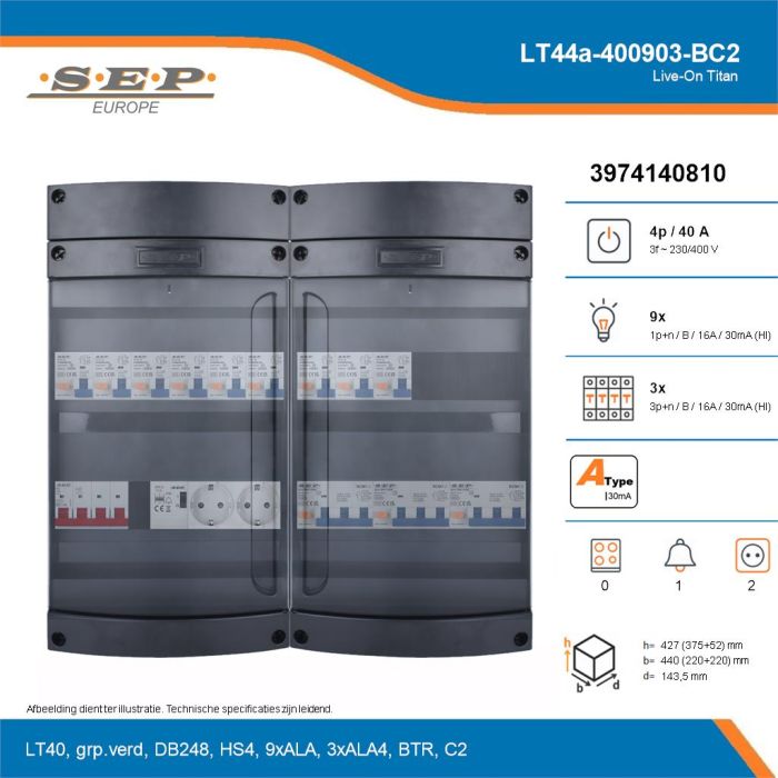SEP Live-On Titan, LT44a-400903-BC2, 40A, 3-fase groepenkast, 9-lichtgroepen, 3-krachtgroepen, 1-beltrafo,  2V-contactdoos, technische details