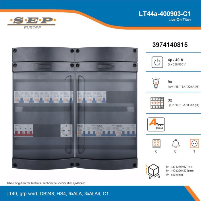 SEP Live-On Titan, LT44a-400903-C1, 40A, 3-fase groepenkast, 9-lichtgroepen, 3-krachtgroepen,  1V-contactdoos, technische details