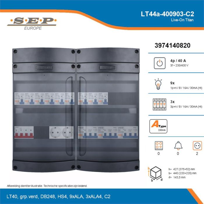 SEP Live-On Titan, LT44a-400903-C2, 40A, 3-fase groepenkast, 9-lichtgroepen, 3-krachtgroepen,  2V-contactdoos, technische details