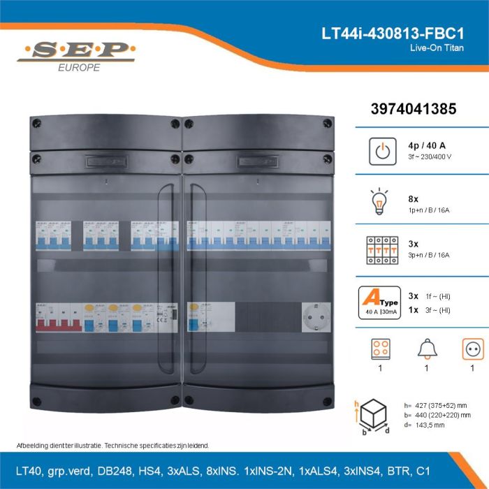 SEP Live-On Titan, LT44i-430813-FBC1, 40A, 3-fase groepenkast, 8-lichtgroepen, 3-krachtgroepen, 1-fornuisgroep, 1-beltrafo,  1V-contactdoos, technische details
