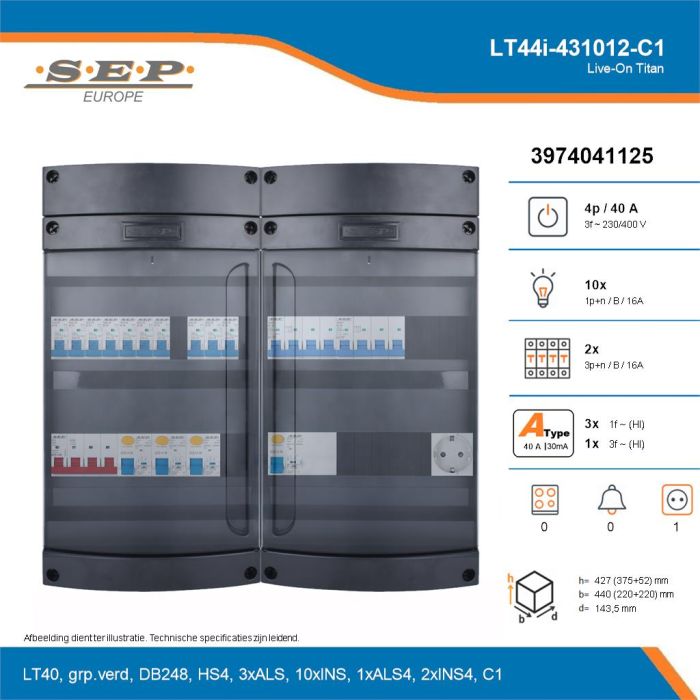SEP Live-On Titan, LT44i-431012-C1, 40A, 3-fase groepenkast, 10-lichtgroepen, 2-krachtgroepen,  1V-contactdoos, technische details
