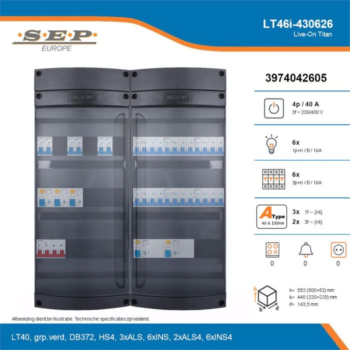SEP Live-On Titan, LT46i-430626, 40A, 3-fase groepenkast, 6-lichtgroepen, 6-krachtgroepen, technische details