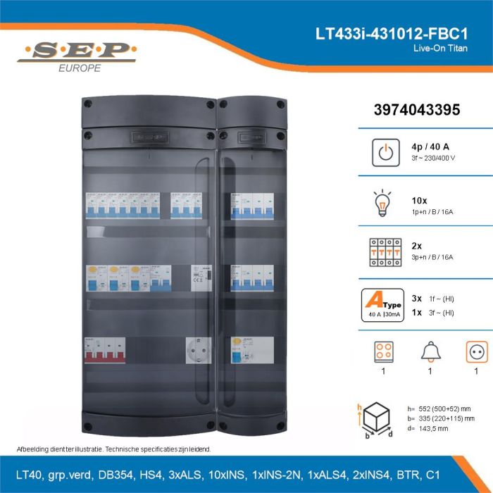 SEP Live-On Titan, LT433i-431012-FBC1, 40A, 3-fase groepenkast, 10-lichtgroepen, 2-krachtgroepen, 1-fornuisgroep, 1-beltrafo,  1V-contactdoos, technische details