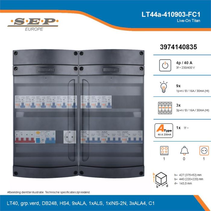 SEP Live-On Titan, LT44a-410903-FC1, 40A, 3-fase groepenkast, 9-lichtgroepen, 3-krachtgroepen, 1-fornuisgroep,  1V-contactdoos, technische details