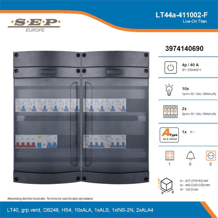 SEP Live-On Titan, LT44a-411002-F, 40A, 3-fase groepenkast, 10-lichtgroepen, 2-krachtgroepen, 1-fornuisgroep, technische details