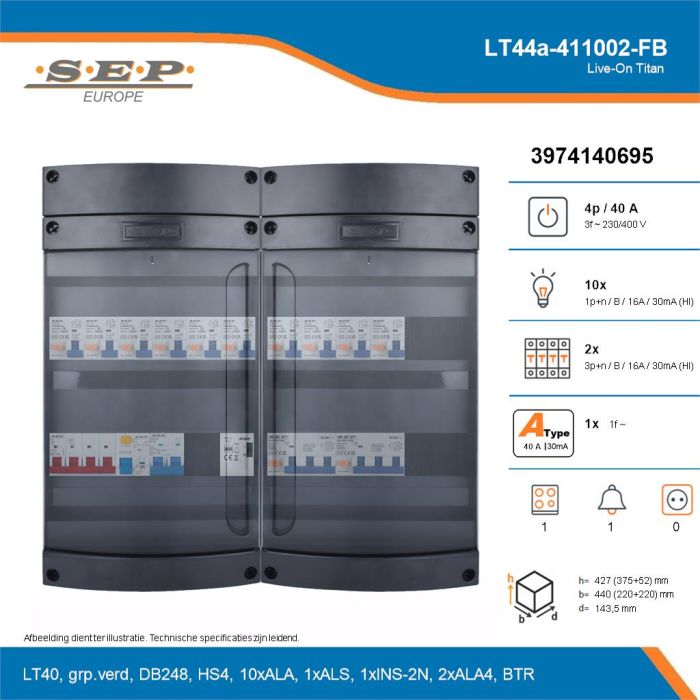 SEP Live-On Titan, LT44a-411002-FB, 40A, 3-fase groepenkast, 10-lichtgroepen, 2-krachtgroepen, 1-fornuisgroep, 1-beltrafo, technische details