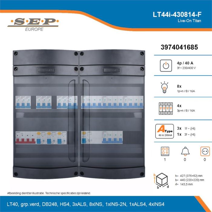 SEP Live-On Titan, LT44i-430814-F, 40A, 3-fase groepenkast, 8-lichtgroepen, 4-krachtgroepen, 1-fornuisgroep, technische details