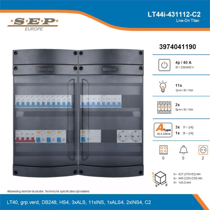 SEP Live-On Titan, LT44i-431112-C2, 40A, 3-fase groepenkast, 11-lichtgroepen, 2-krachtgroepen,  2V-contactdoos, technische details