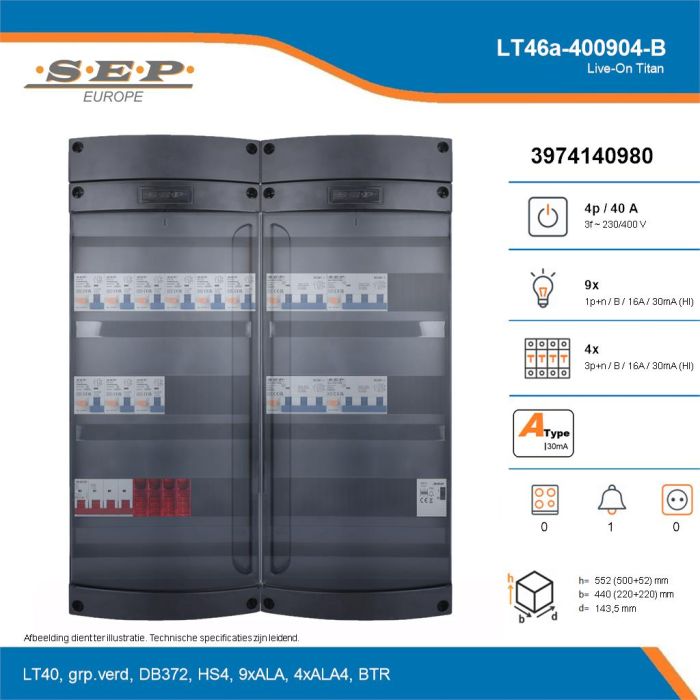 SEP Live-On Titan, LT46a-400904-B, 40A, 3-fase groepenkast, 9-lichtgroepen, 4-krachtgroepen, 1-beltrafo, technische details