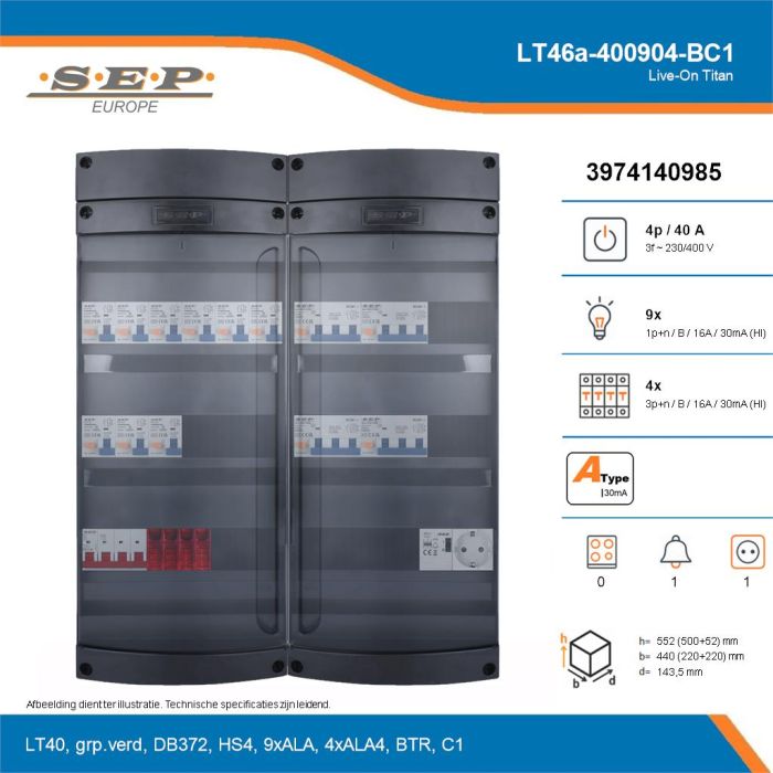 SEP Live-On Titan, LT46a-400904-BC1, 40A, 3-fase groepenkast, 9-lichtgroepen, 4-krachtgroepen, 1-beltrafo,  1V-contactdoos, technische details