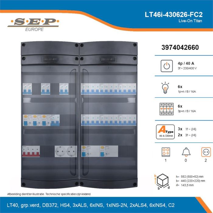 SEP Live-On Titan, LT46i-430626-FC2, 40A, 3-fase groepenkast, 6-lichtgroepen, 6-krachtgroepen, 1-fornuisgroep,  2V-contactdoos, technische details