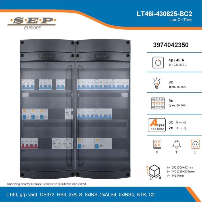SEP Live-On Titan, LT46i-430825-BC2, 40A, 3-fase groepenkast, 8-lichtgroepen, 5-krachtgroepen, 1-beltrafo,  2V-contactdoos, technische details