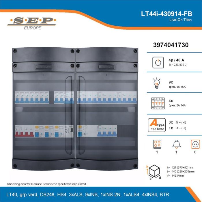 SEP Live-On Titan, LT44i-430914-FB, 40A, 3-fase groepenkast, 9-lichtgroepen, 4-krachtgroepen, 1-fornuisgroep, 1-beltrafo, technische details