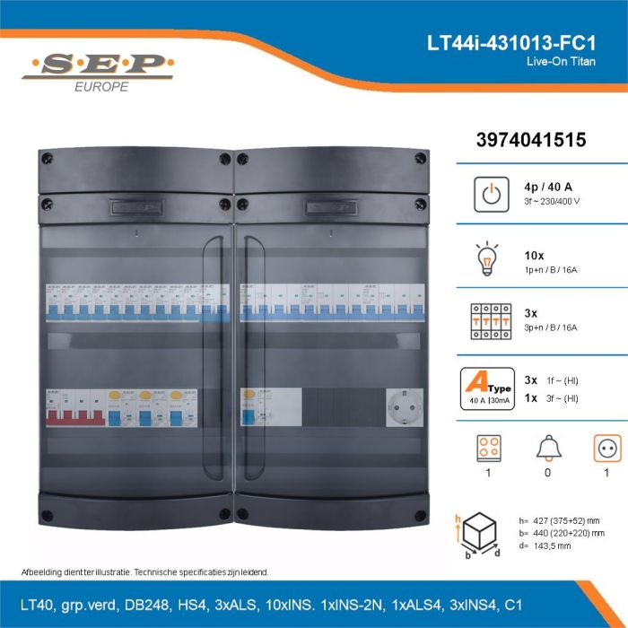 SEP Live-On Titan, LT44i-431013-FC1, 40A, 3-fase groepenkast, 10-lichtgroepen, 3-krachtgroepen, 1-fornuisgroep,  1V-contactdoos, technische details