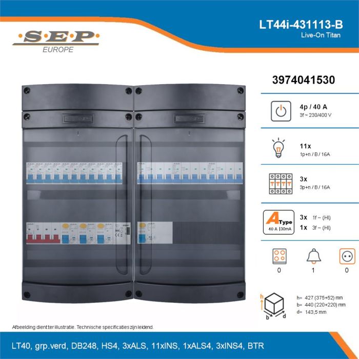 SEP Live-On Titan, LT44i-431113-B, 40A, 3-fase groepenkast, 11-lichtgroepen, 3-krachtgroepen, 1-beltrafo, technische details