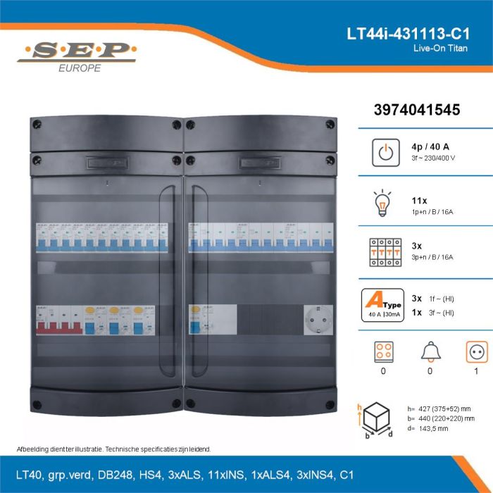 SEP Live-On Titan, LT44i-431113-C1, 40A, 3-fase groepenkast, 11-lichtgroepen, 3-krachtgroepen,  1V-contactdoos, technische details
