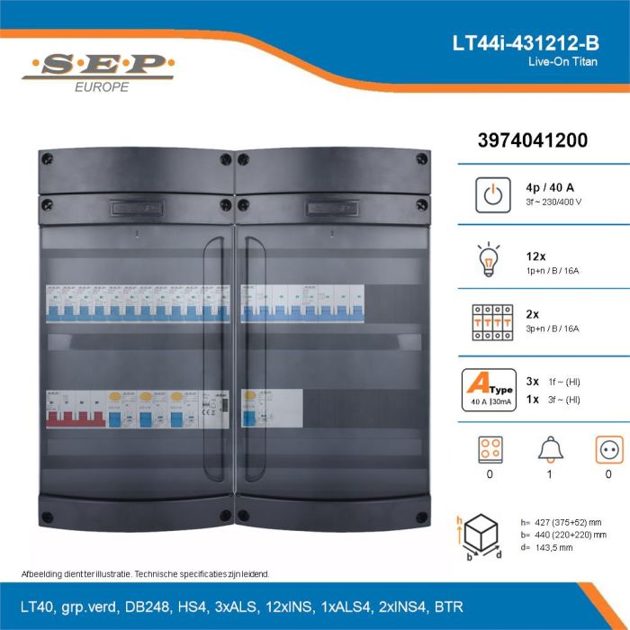 SEP Live-On Titan, LT44i-431212-B, 40A, 3-fase groepenkast, 12-lichtgroepen, 2-krachtgroepen, 1-beltrafo, technische details