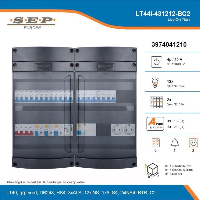 SEP Live-On Titan, LT44i-431212-BC2, 40A, 3-fase groepenkast, 12-lichtgroepen, 2-krachtgroepen, 1-beltrafo,  2V-contactdoos, technische details