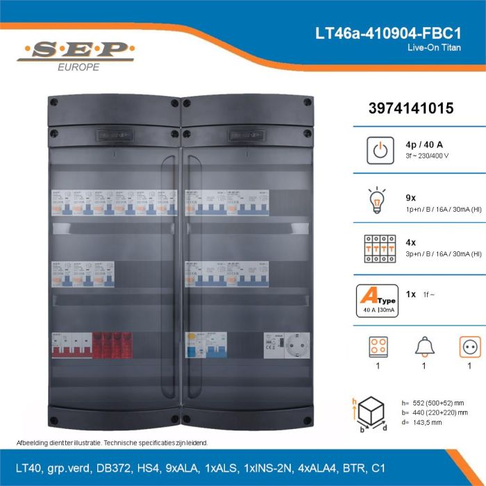 SEP Live-On Titan, LT46a-410904-FBC1, 40A, 3-fase groepenkast, 9-lichtgroepen, 4-krachtgroepen, 1-fornuisgroep, 1-beltrafo,  1V-contactdoos, technische details