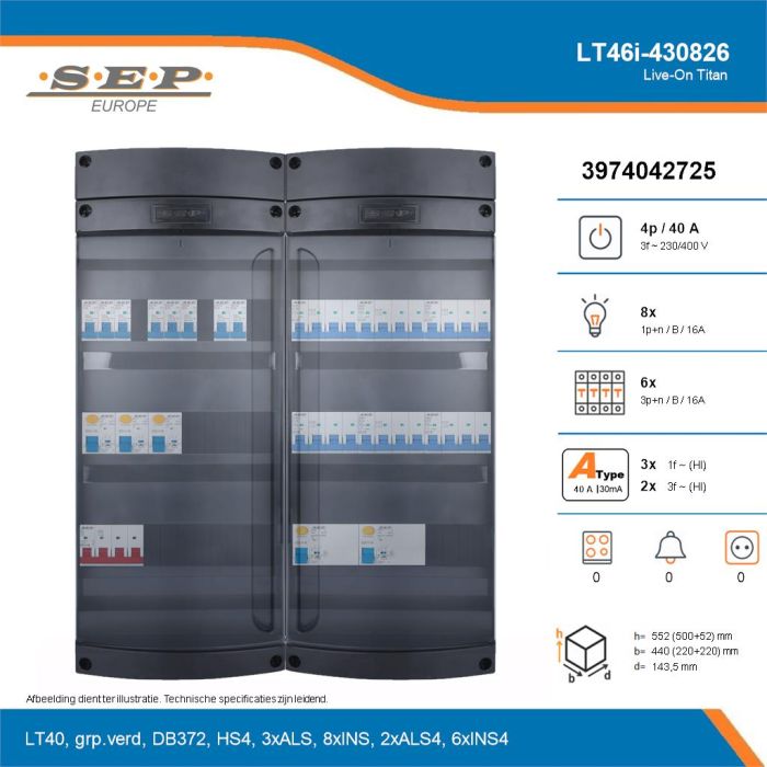 SEP Live-On Titan, LT46i-430826, 40A, 3-fase groepenkast, 8-lichtgroepen, 6-krachtgroepen, technische details