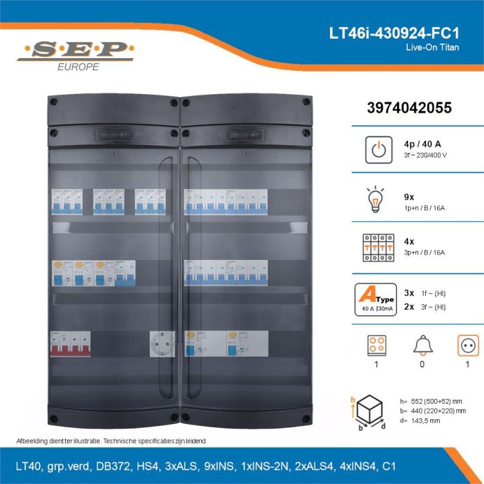 SEP Live-On Titan, LT46i-430924-FC1, 40A, 3-fase groepenkast, 9-lichtgroepen, 4-krachtgroepen, 1-fornuisgroep,  1V-contactdoos, technische details