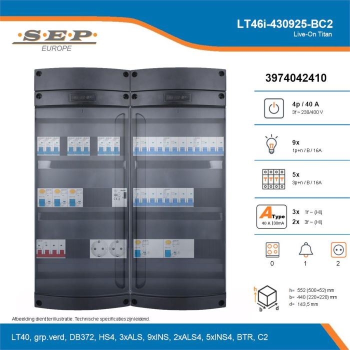 SEP Live-On Titan, LT46i-430925-BC2, 40A, 3-fase groepenkast, 9-lichtgroepen, 5-krachtgroepen, 1-beltrafo,  2V-contactdoos, technische details