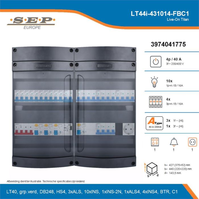 SEP Live-On Titan, LT44i-431014-FBC1, 40A, 3-fase groepenkast, 10-lichtgroepen, 4-krachtgroepen, 1-fornuisgroep, 1-beltrafo,  1V-contactdoos, technische details