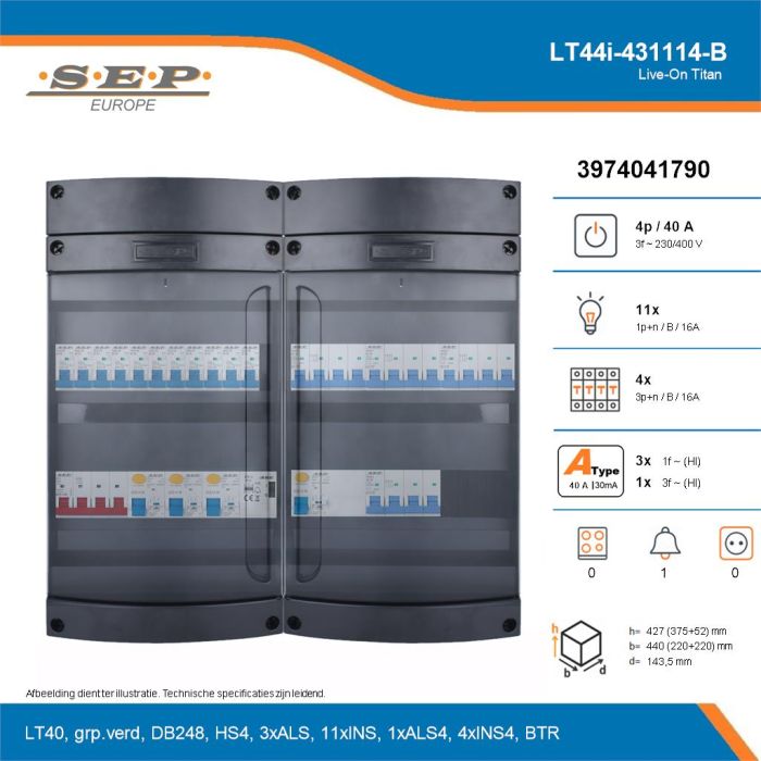 SEP Live-On Titan, LT44i-431114-B, 40A, 3-fase groepenkast, 11-lichtgroepen, 4-krachtgroepen, 1-beltrafo, technische details