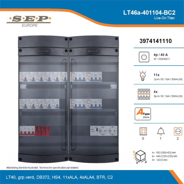 SEP Live-On Titan, LT46a-401104-BC2, 40A, 3-fase groepenkast, 11-lichtgroepen, 4-krachtgroepen, 1-beltrafo,  2V-contactdoos, technische details
