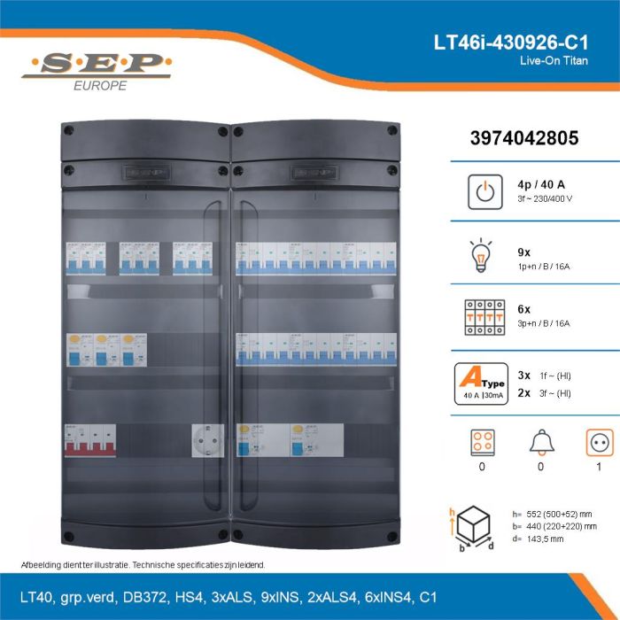 SEP Live-On Titan, LT46i-430926-C1, 40A, 3-fase groepenkast, 9-lichtgroepen, 6-krachtgroepen,  1V-contactdoos, technische details