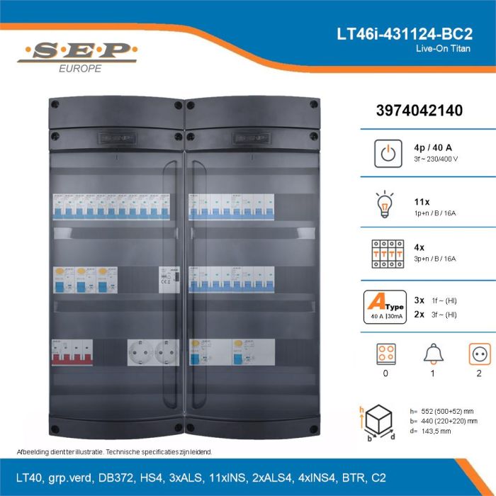 SEP Live-On Titan, LT46i-431124-BC2, 40A, 3-fase groepenkast, 11-lichtgroepen, 4-krachtgroepen, 1-beltrafo,  2V-contactdoos, technische details