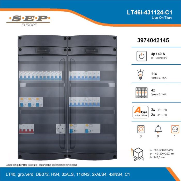 SEP Live-On Titan, LT46i-431124-C1, 40A, 3-fase groepenkast, 11-lichtgroepen, 4-krachtgroepen,  1V-contactdoos, technische details