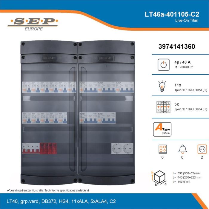 SEP Live-On Titan, LT46a-401105-C2, 40A, 3-fase groepenkast, 11-lichtgroepen, 5-krachtgroepen,  2V-contactdoos, technische details