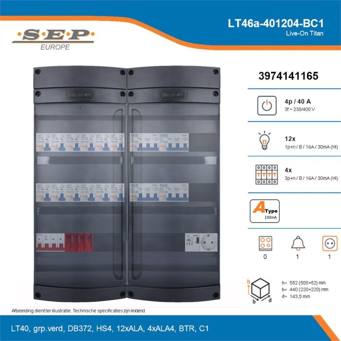 SEP Live-On Titan, LT46a-401204-BC1, 40A, 3-fase groepenkast, 12-lichtgroepen, 4-krachtgroepen, 1-beltrafo,  1V-contactdoos, technische details