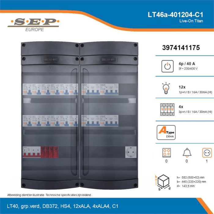 SEP Live-On Titan, LT46a-401204-C1, 40A, 3-fase groepenkast, 12-lichtgroepen, 4-krachtgroepen,  1V-contactdoos, technische details