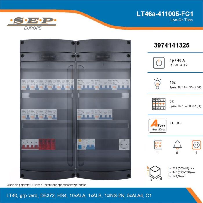 SEP Live-On Titan, LT46a-411005-FC1, 40A, 3-fase groepenkast, 10-lichtgroepen, 5-krachtgroepen, 1-fornuisgroep,  1V-contactdoos, technische details