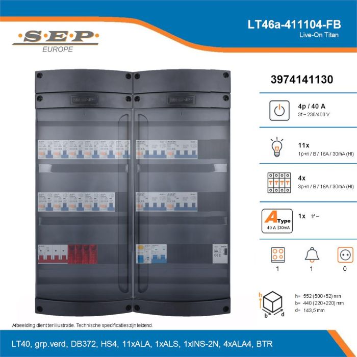 SEP Live-On Titan, LT46a-411104-FB, 40A, 3-fase groepenkast, 11-lichtgroepen, 4-krachtgroepen, 1-fornuisgroep, 1-beltrafo, technische details