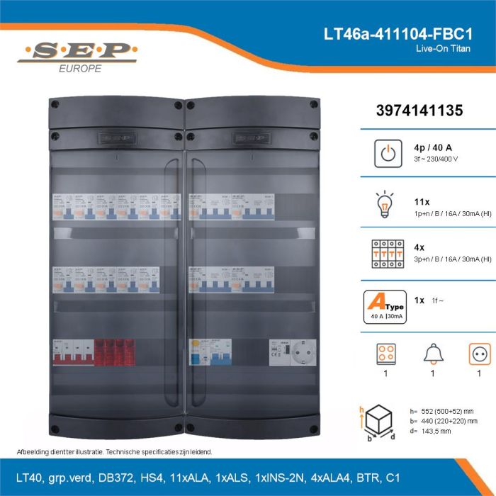 SEP Live-On Titan, LT46a-411104-FBC1, 40A, 3-fase groepenkast, 11-lichtgroepen, 4-krachtgroepen, 1-fornuisgroep, 1-beltrafo,  1V-contactdoos, technische details