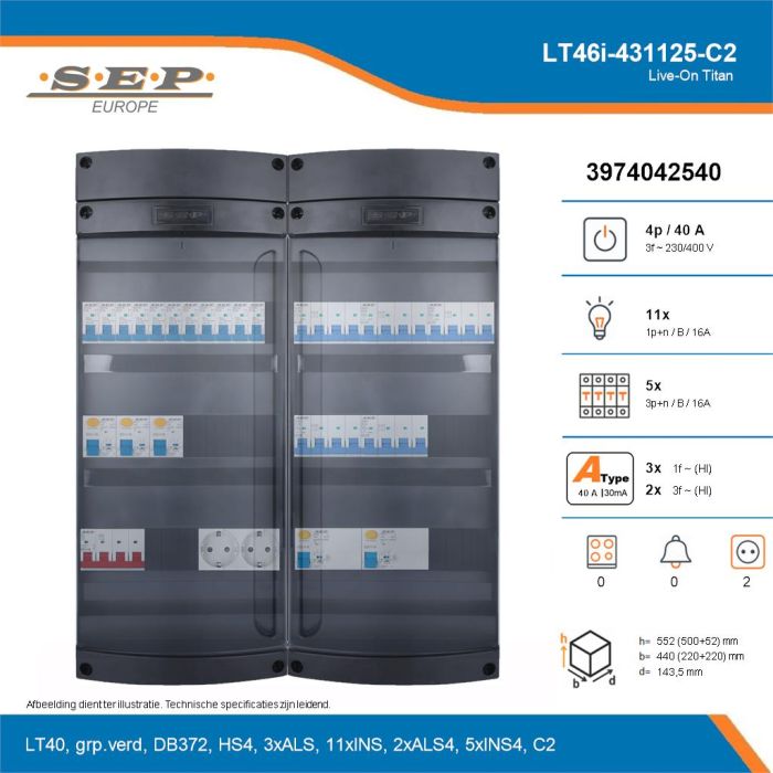 SEP Live-On Titan, LT46i-431125-C2, 40A, 3-fase groepenkast, 11-lichtgroepen, 5-krachtgroepen,  2V-contactdoos, technische details